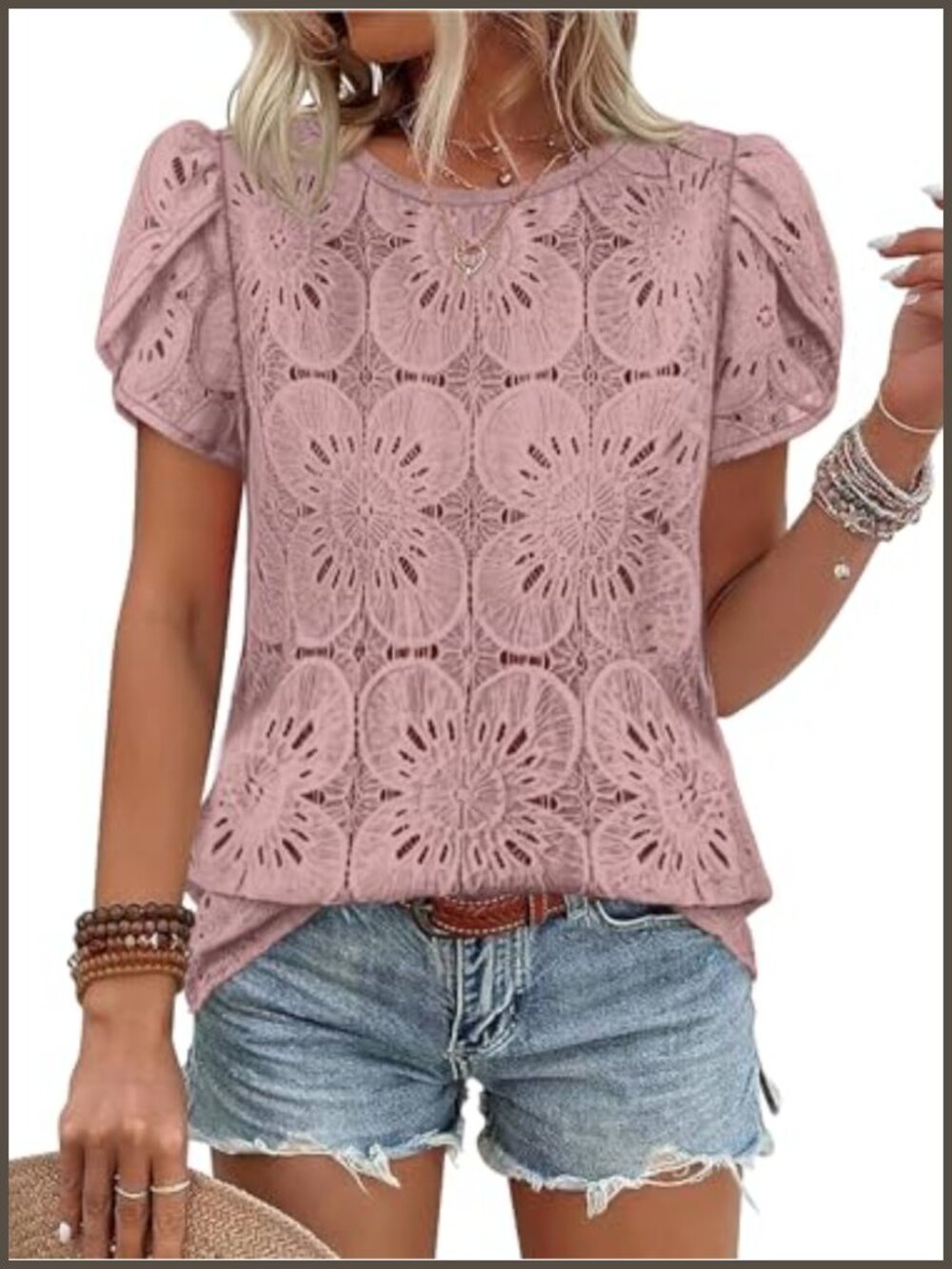 Womens Crochet Lace Boho Blouse Petal Short Sleeve Dressy Casual Top
